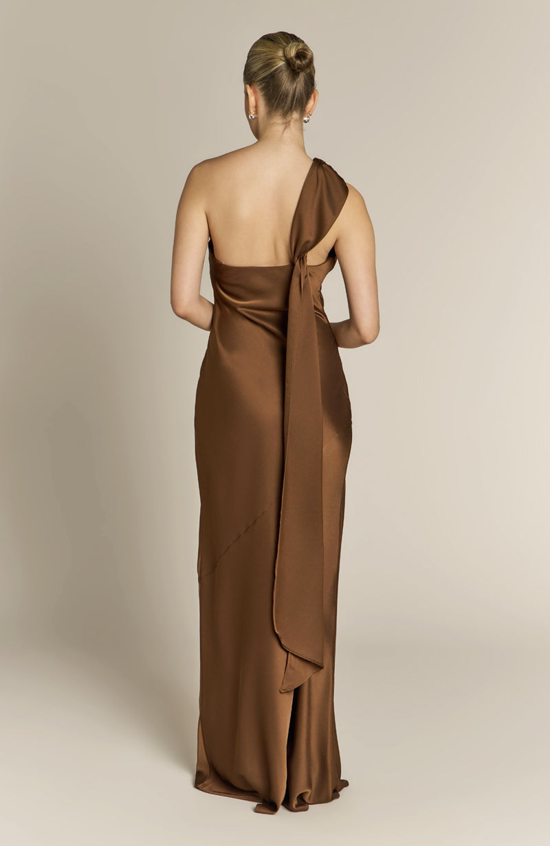 Raye One Shoulder Dress in Chocolate Brown
