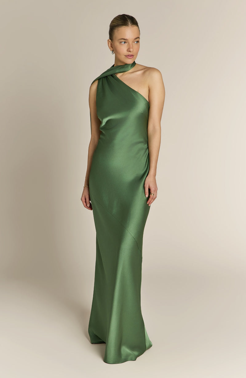 Raye One Shoulder Satin Bridesmaid Dress – Olive Green