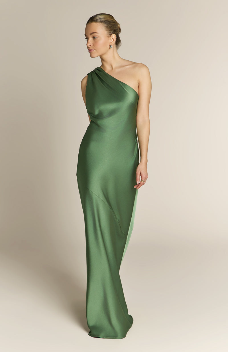 Raye One Shoulder Satin Bridesmaid Dress – Olive Green