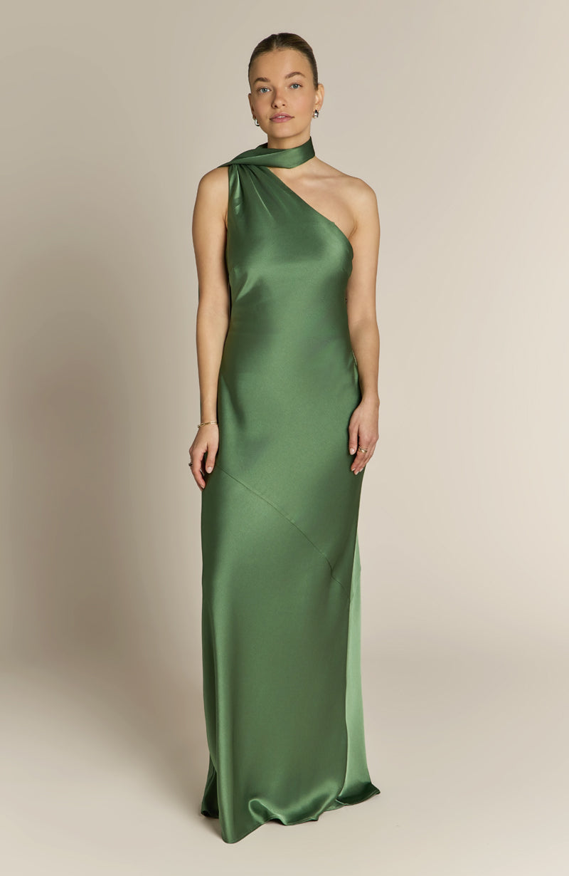 Raye One Shoulder Satin Bridesmaid Dress – Olive Green