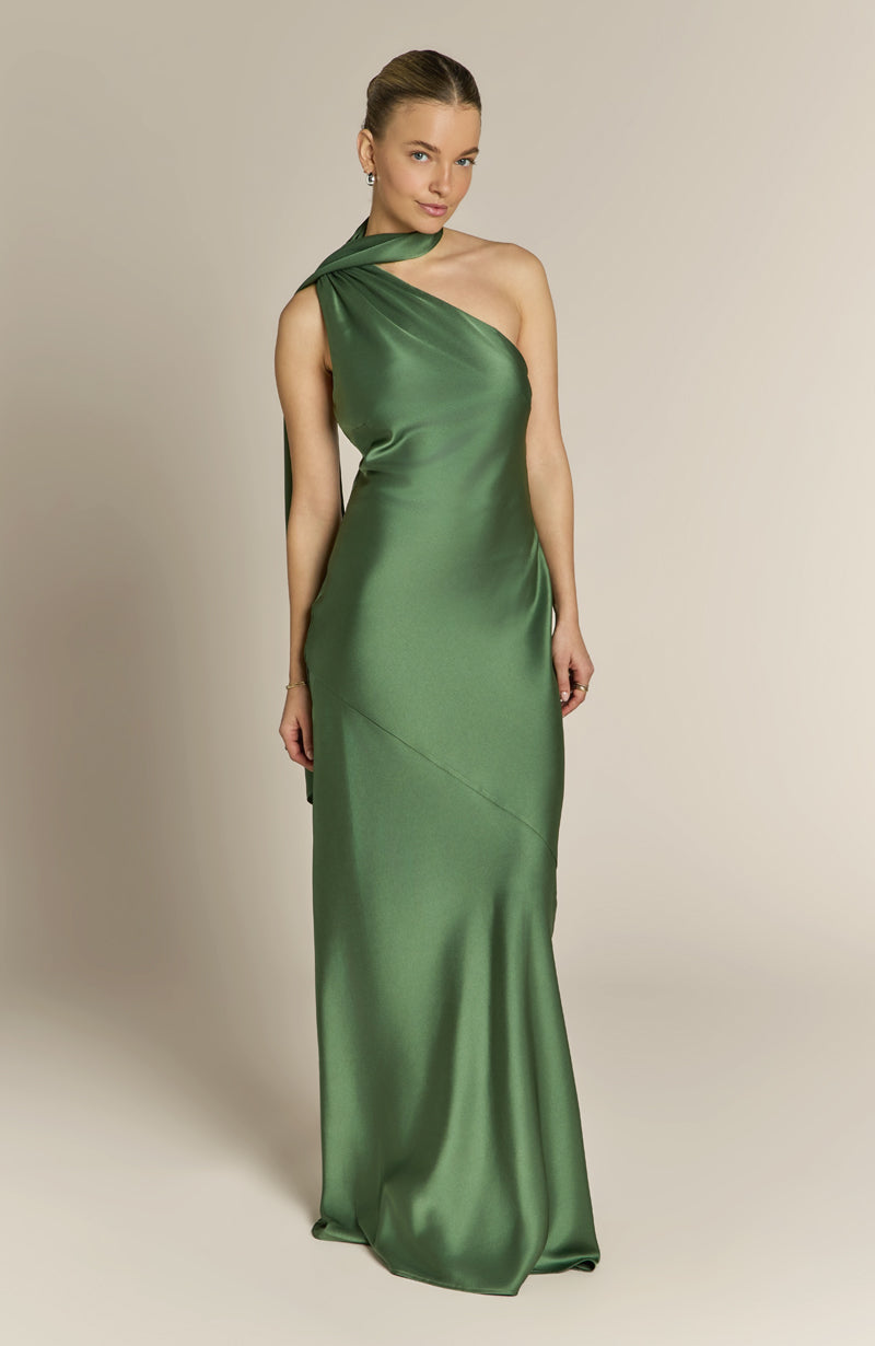 Raye One Shoulder Satin Bridesmaid Dress – Olive Green