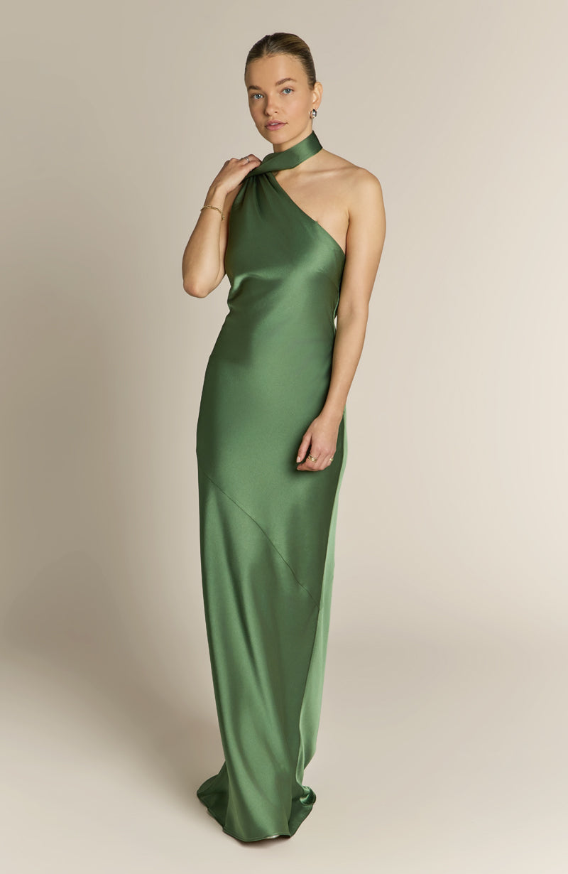 Raye One Shoulder Satin Bridesmaid Dress – Olive Green