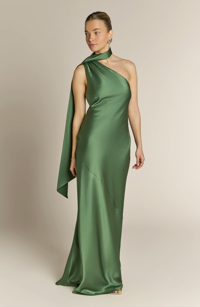 Raye One Shoulder Satin Bridesmaid Dress – Olive Green