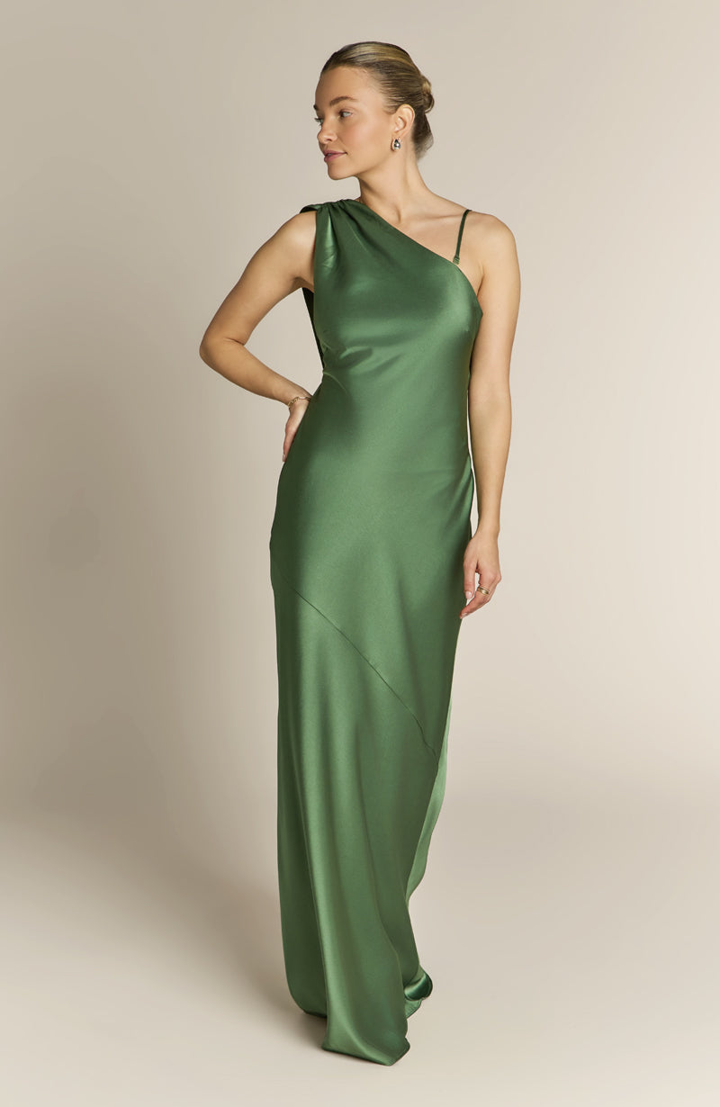Raye One Shoulder Satin Bridesmaid Dress – Olive Green