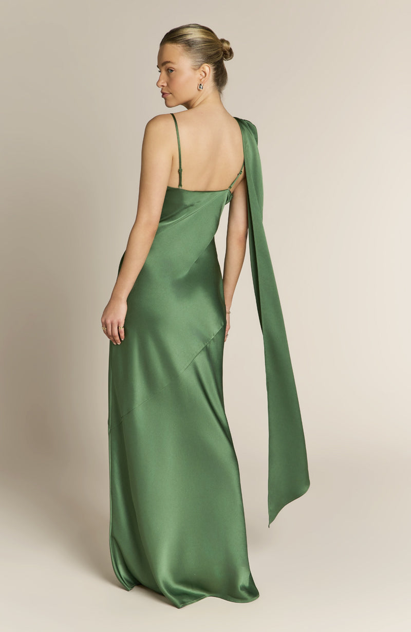 Raye One Shoulder Satin Bridesmaid Dress – Olive Green