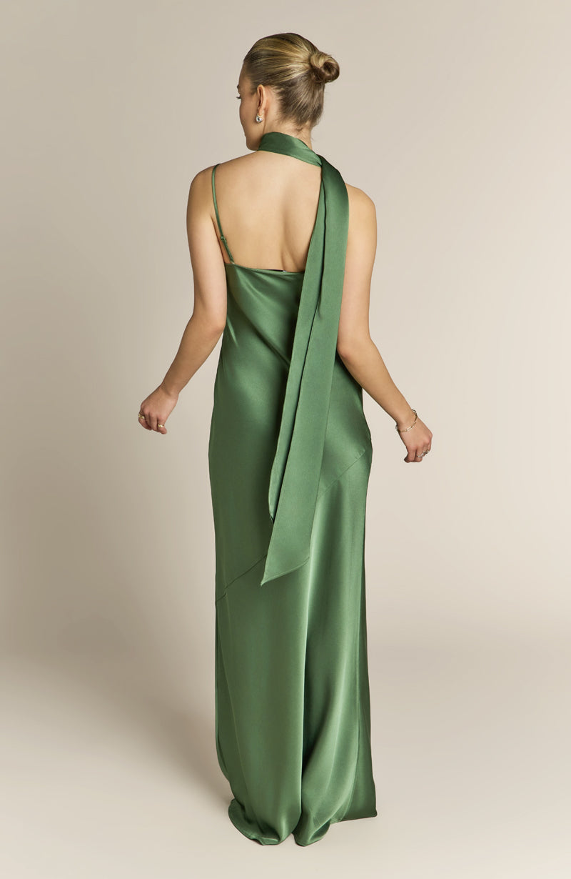 Raye One Shoulder Satin Bridesmaid Dress – Olive Green