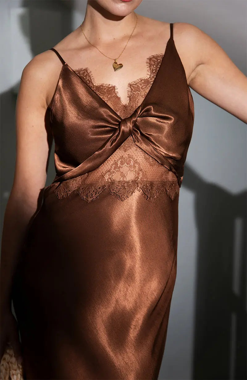Remi Lace Panel Satin Dress in Chocolate Brown