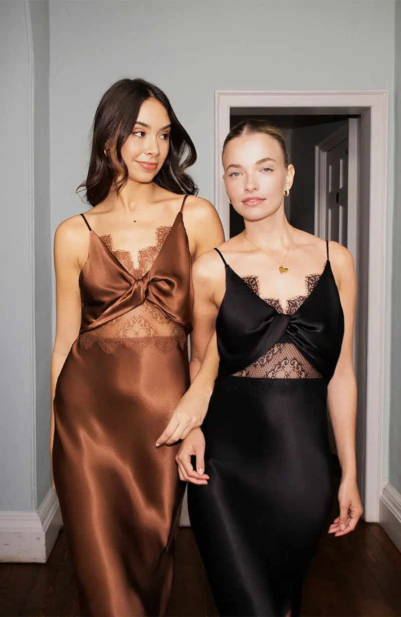 Remi Lace Panel Satin Dress in Chocolate Brown