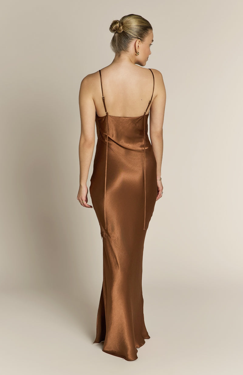 Remi Lace Panel Satin Dress in Chocolate Brown
