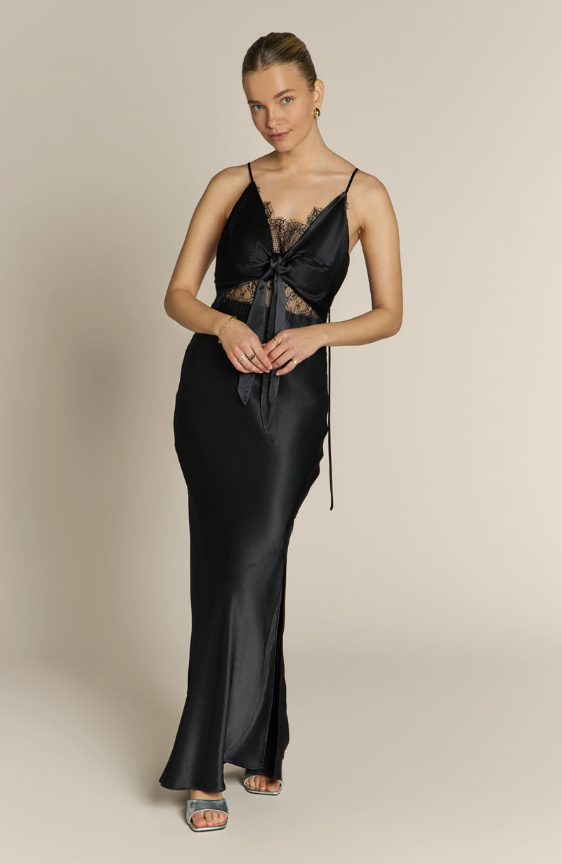 Remi Lace Panel Satin Dress in Black