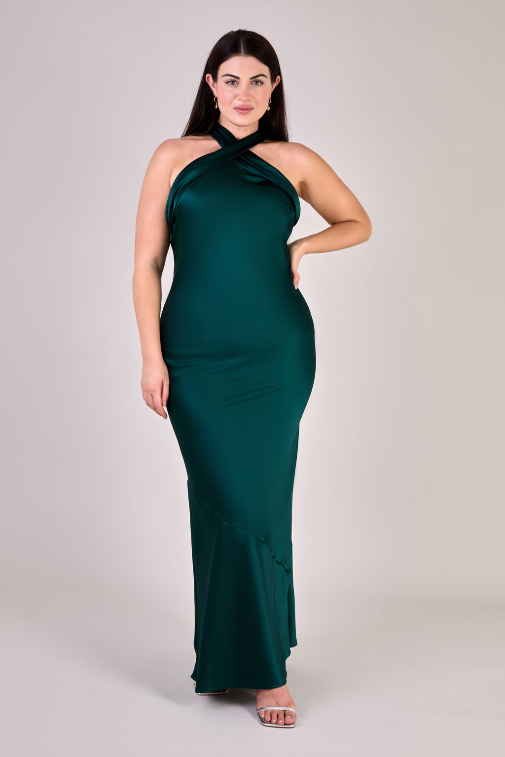Roma Dress in Forest Green Satin — Halterneck Maxi Bridesmaid Dress