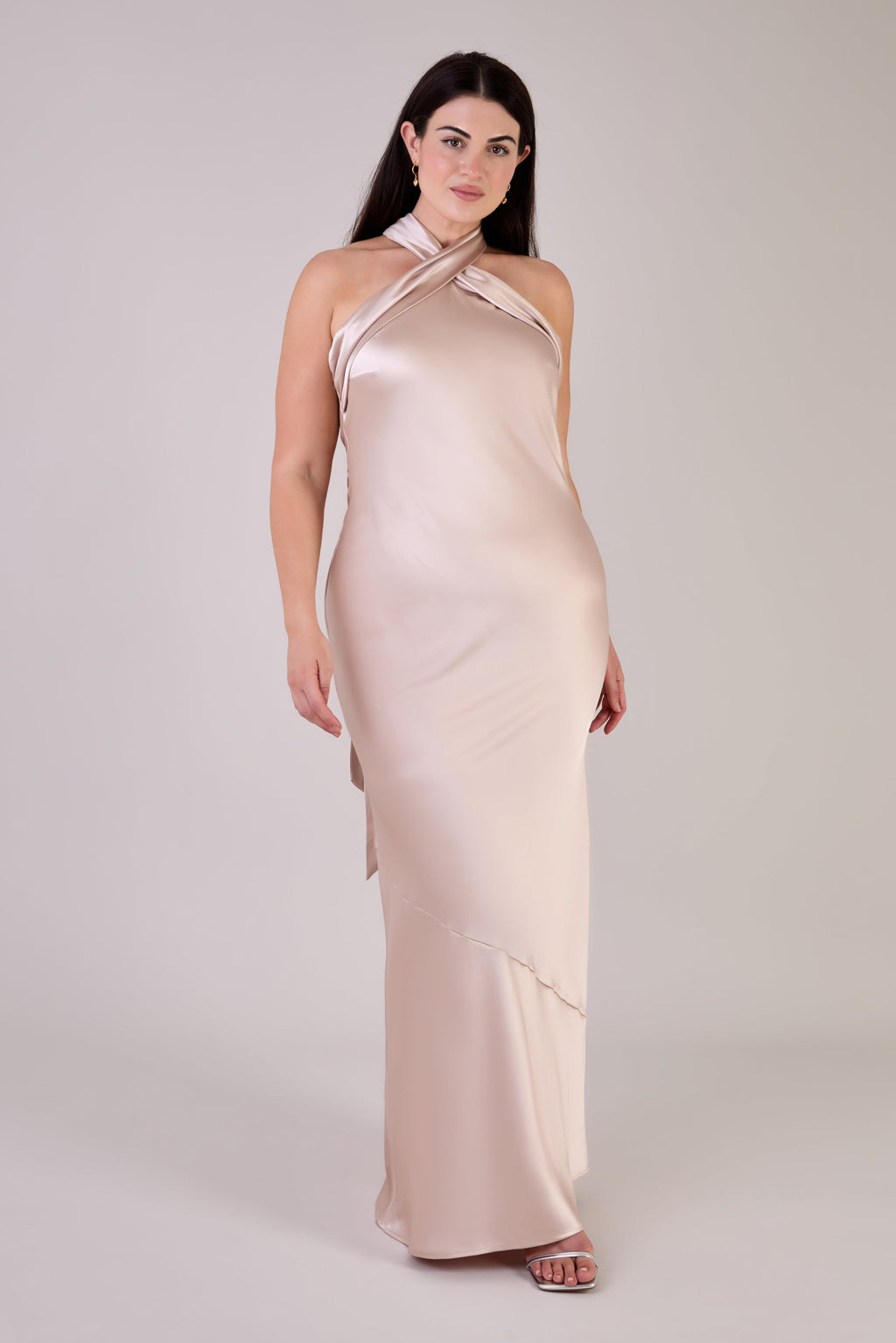 Roma Dress in Champagne Satin — Halterneck Maxi Bridesmaid Dress