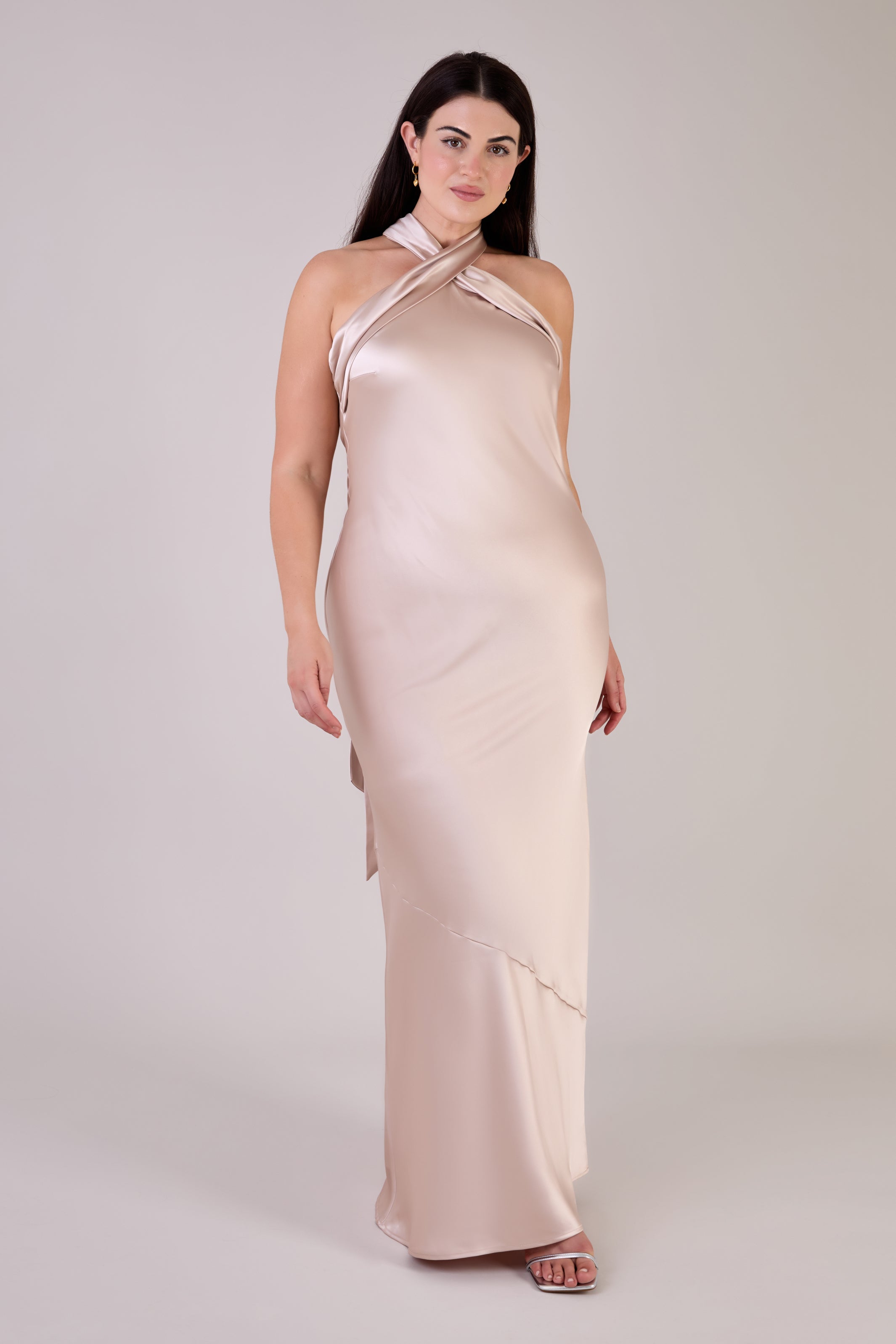 Roma Dress in Champagne Satin — Halterneck Maxi Bridesmaid Dress