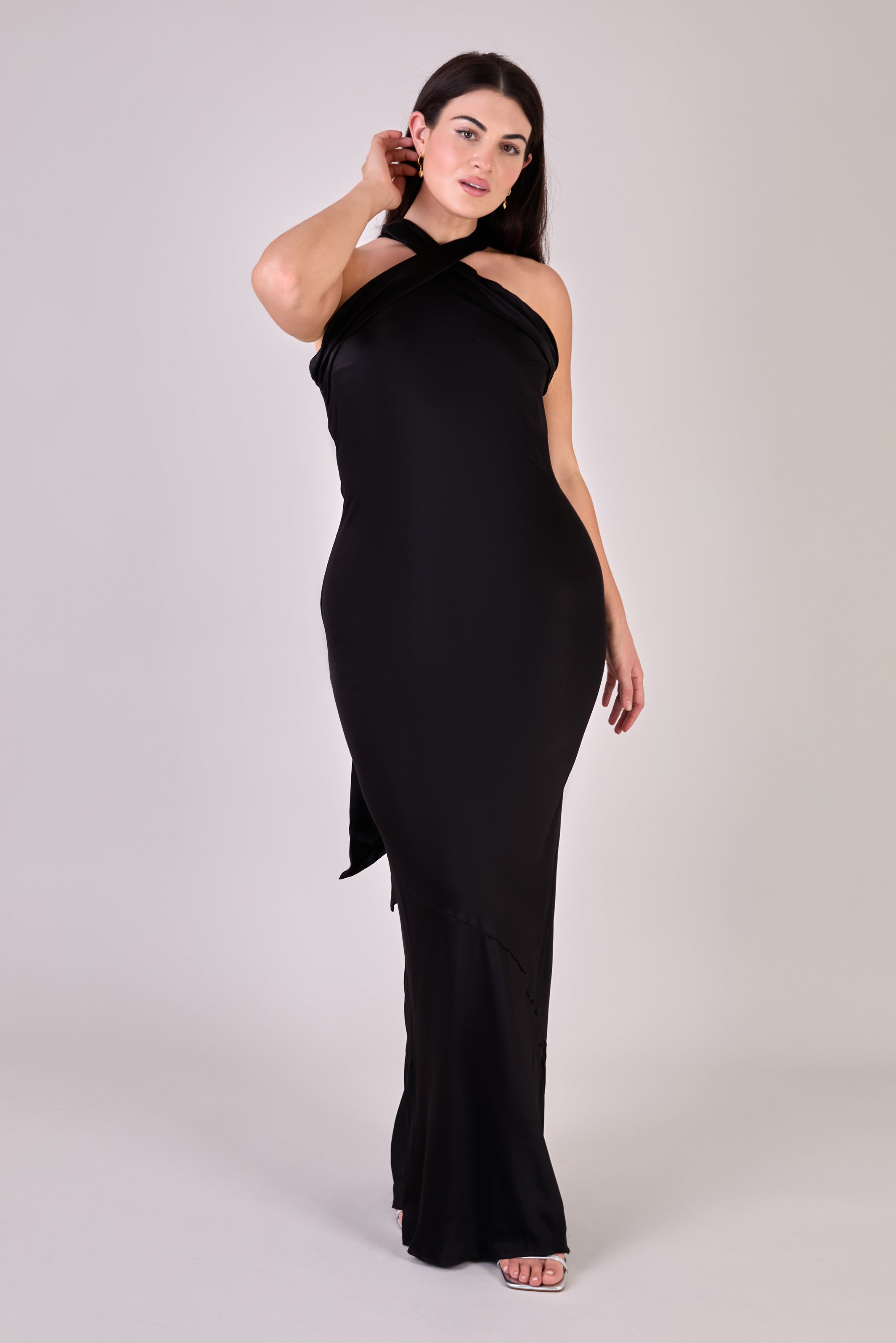 Roma Dress in Black Satin — Halterneck Maxi Bridesmaid Dress
