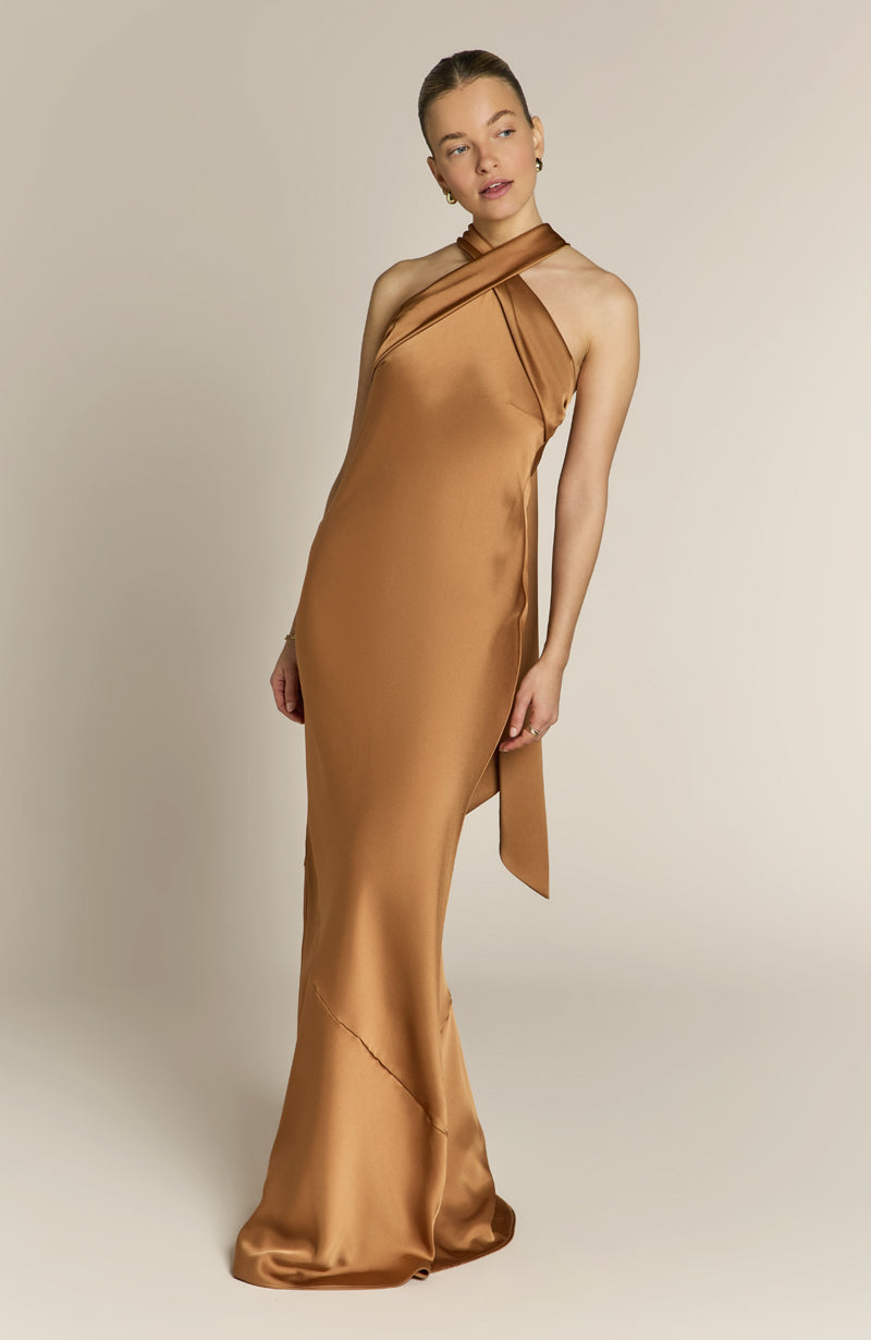 Roma Dress in Caramel Satin - Halterneck Maxi Bridesmaid Dress