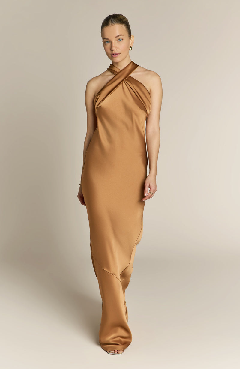 Roma Dress in Caramel Satin - Halterneck Maxi Bridesmaid Dress
