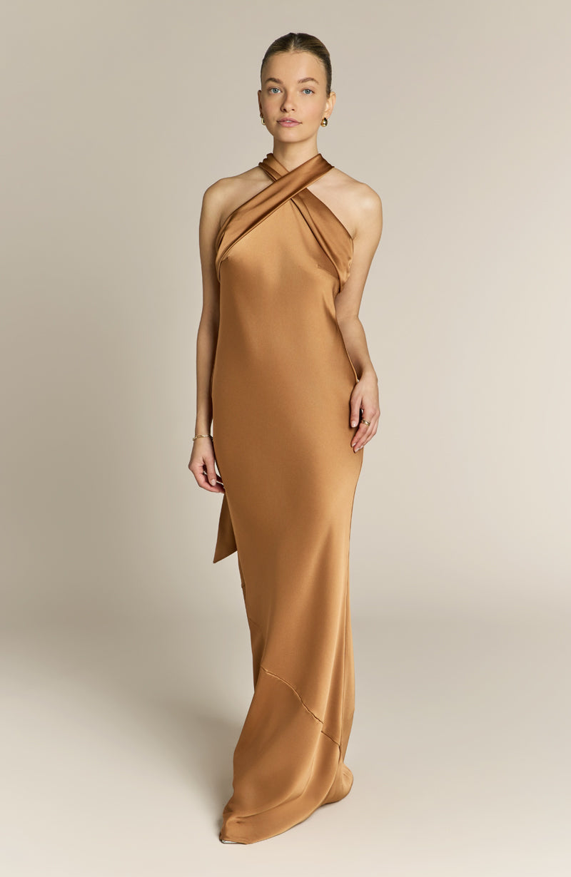 Roma Dress in Caramel Satin - Halterneck Maxi Bridesmaid Dress