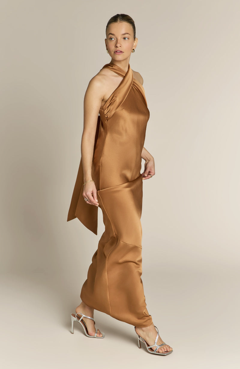 Roma Dress in Caramel Satin - Halterneck Maxi Bridesmaid Dress
