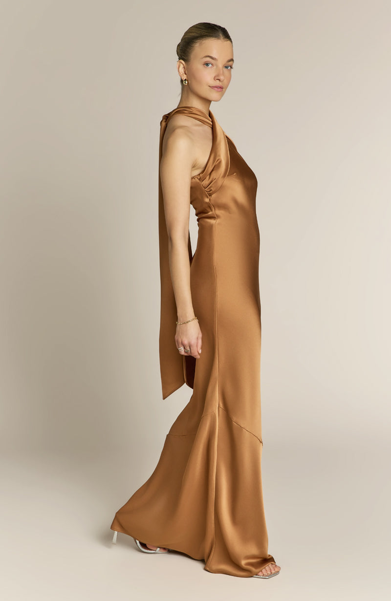 Roma Dress in Caramel Satin - Halterneck Maxi Bridesmaid Dress