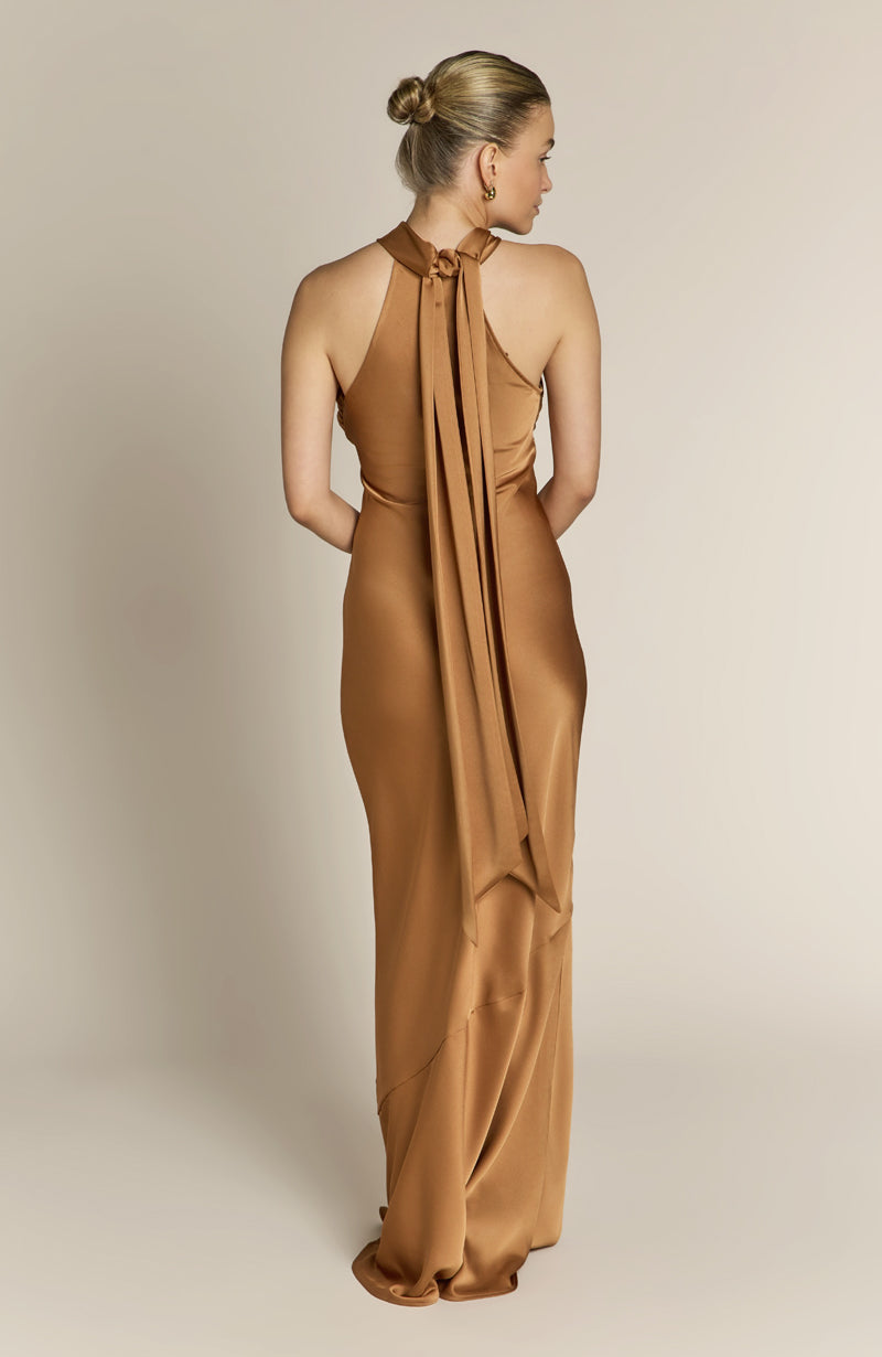 Roma Dress in Caramel Satin - Halterneck Maxi Bridesmaid Dress