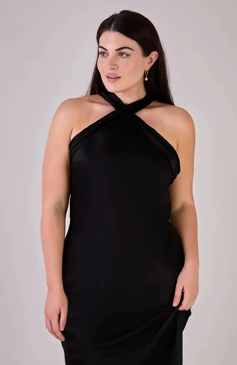 Roma Dress in Black Satin — Halterneck Maxi Bridesmaid Dress