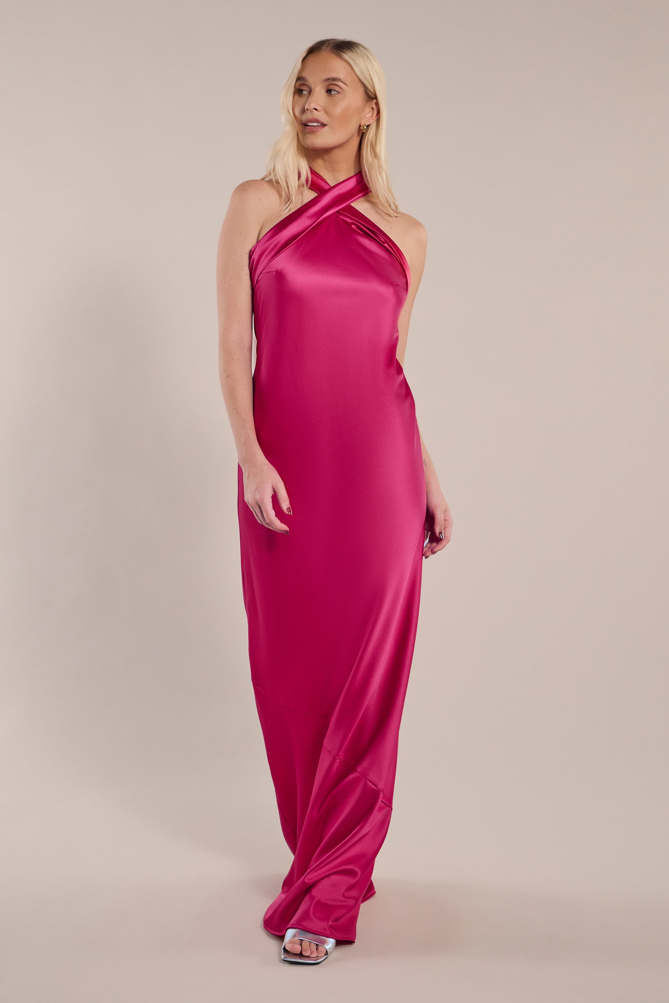 Roma Dress in Hot Pink Satin — Halterneck Maxi Bridesmaid Dress