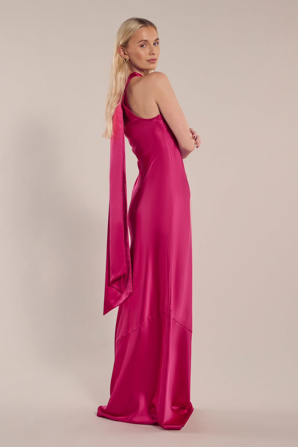 Roma Dress in Hot Pink Satin — Halterneck Maxi Bridesmaid Dress