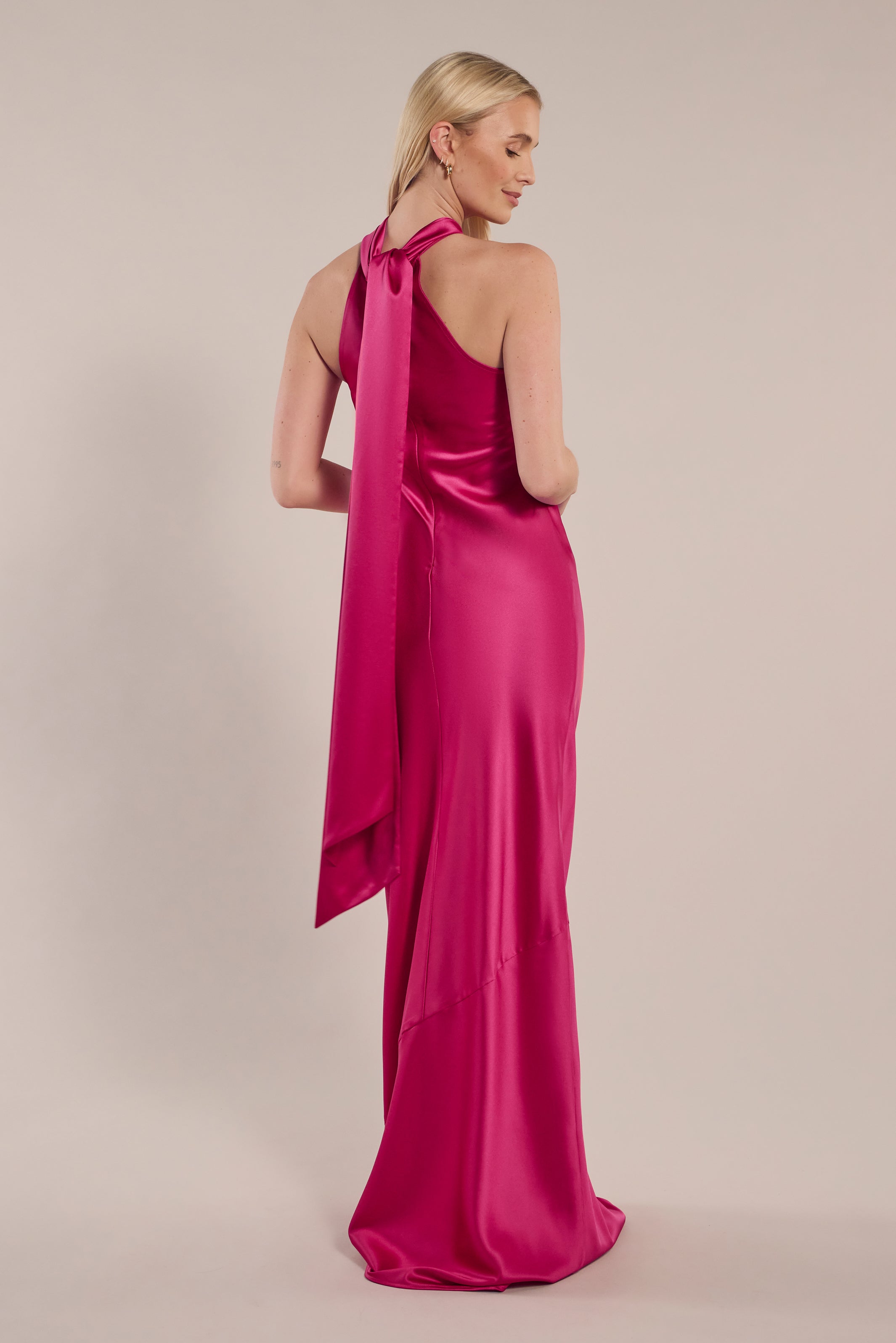 Roma Dress in Hot Pink Satin — Halterneck Maxi Bridesmaid Dress