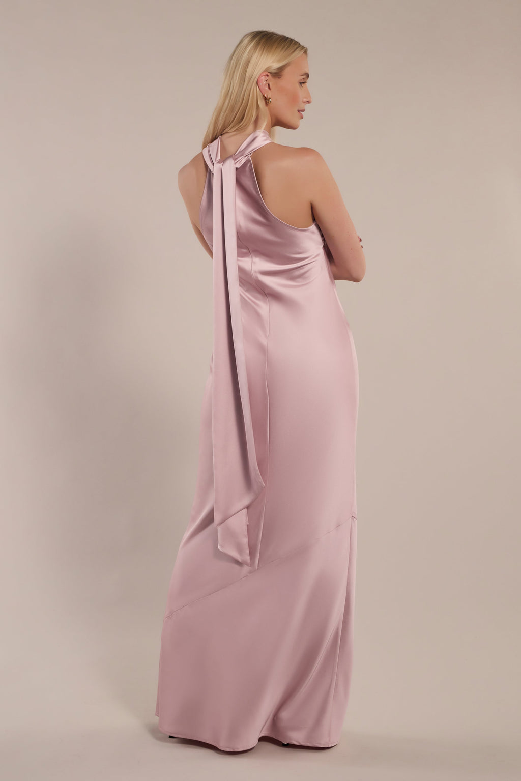 Roma Dress in Rose Pink Satin- Halterneck Maxi Bridesmaid Dress