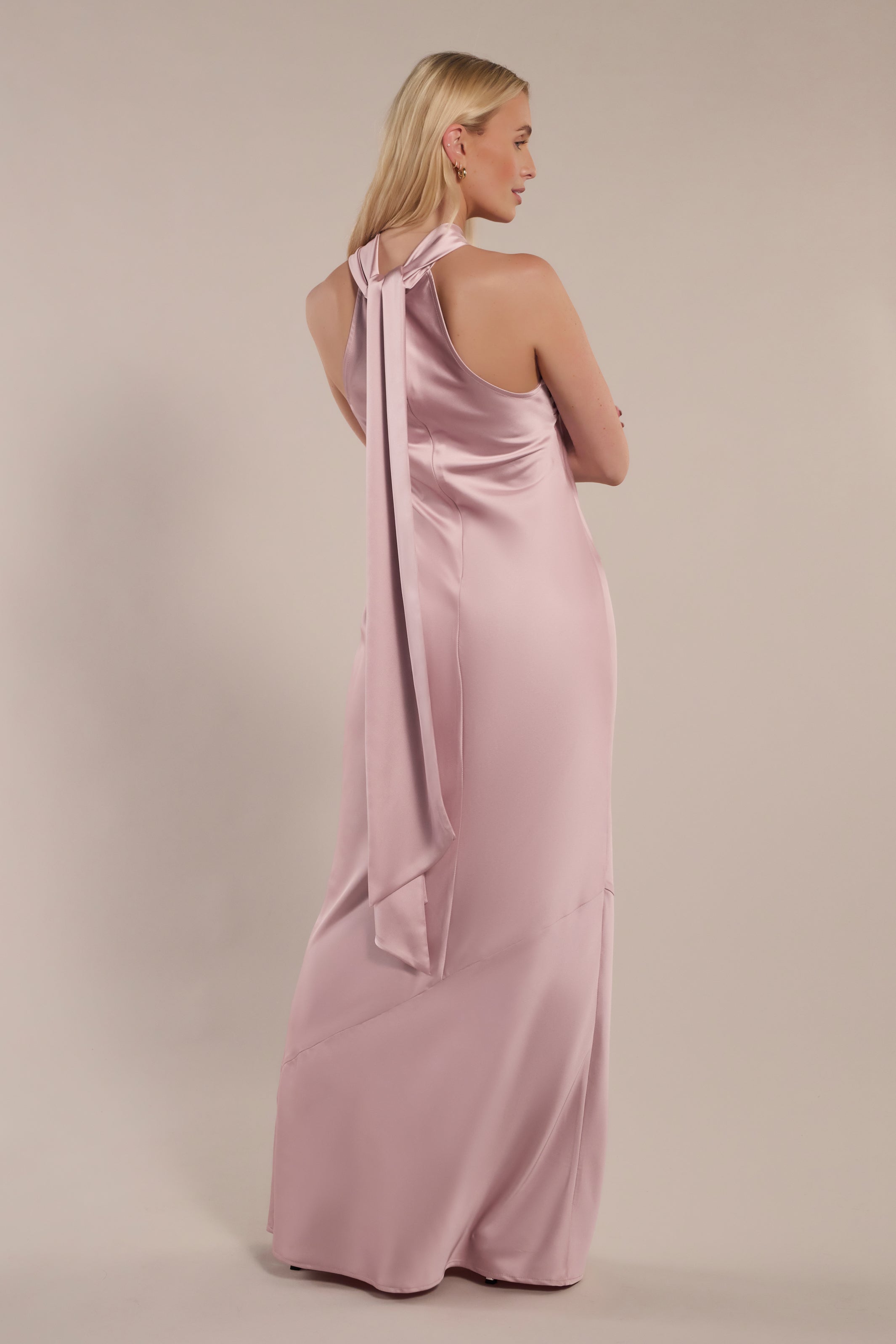 Roma Dress in Rose Pink Satin- Halterneck Maxi Bridesmaid Dress