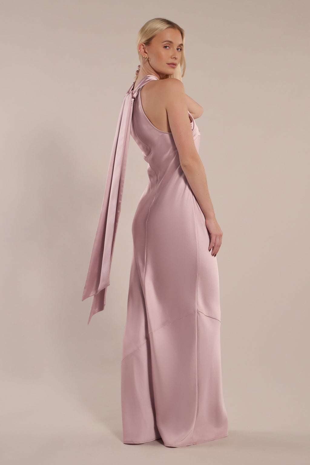 Roma Dress in Rose Pink Satin- Halterneck Maxi Bridesmaid Dress