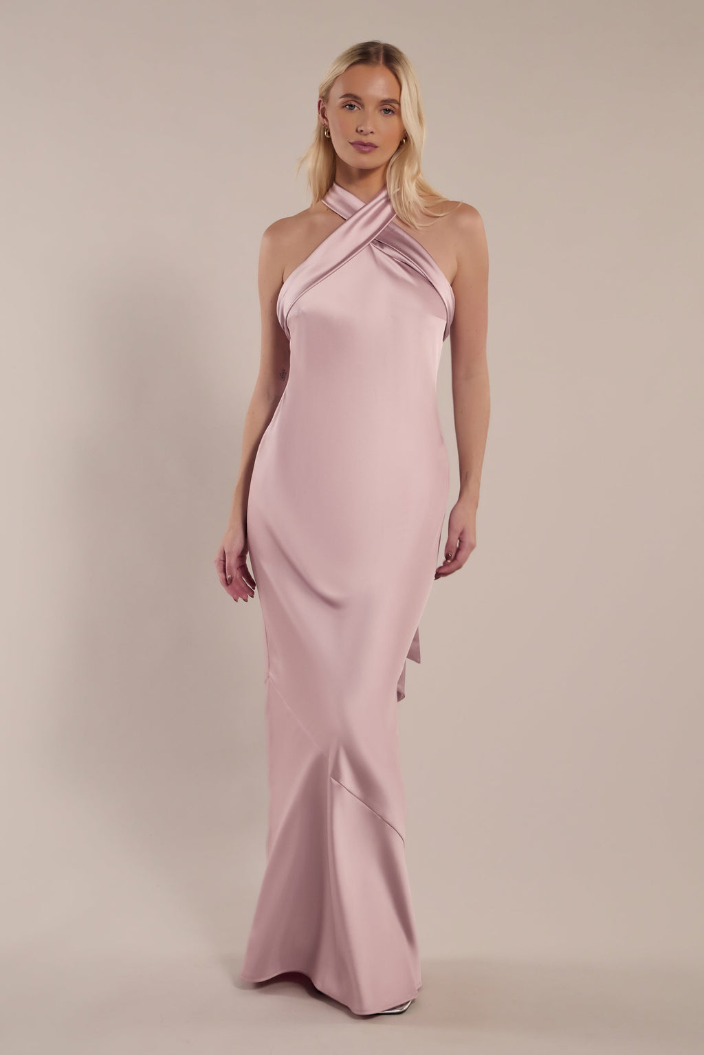 Roma Dress in Rose Pink Satin- Halterneck Maxi Bridesmaid Dress