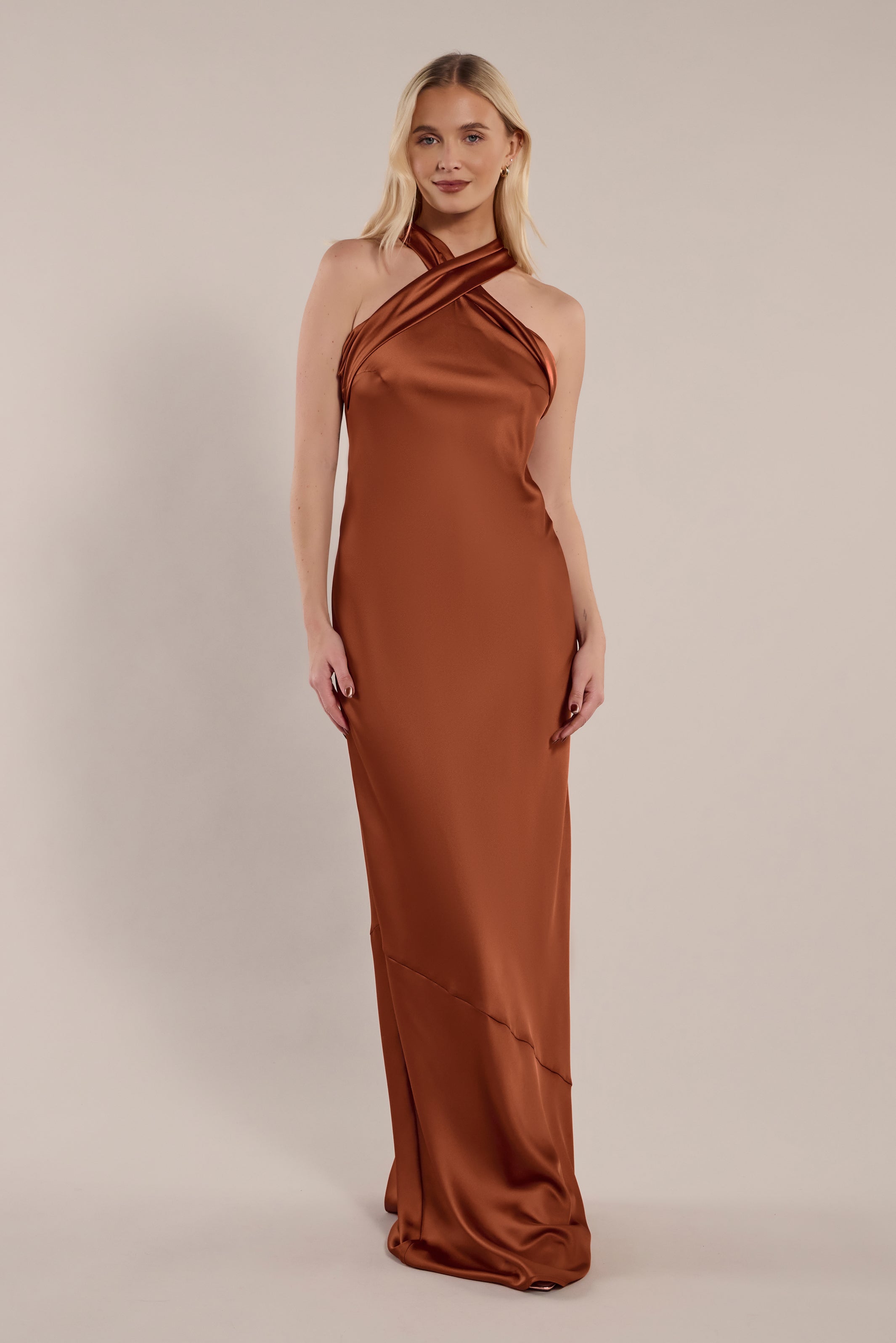 Roma Dress in Cinnamon Satin — Halterneck Maxi Bridesmaid Dress