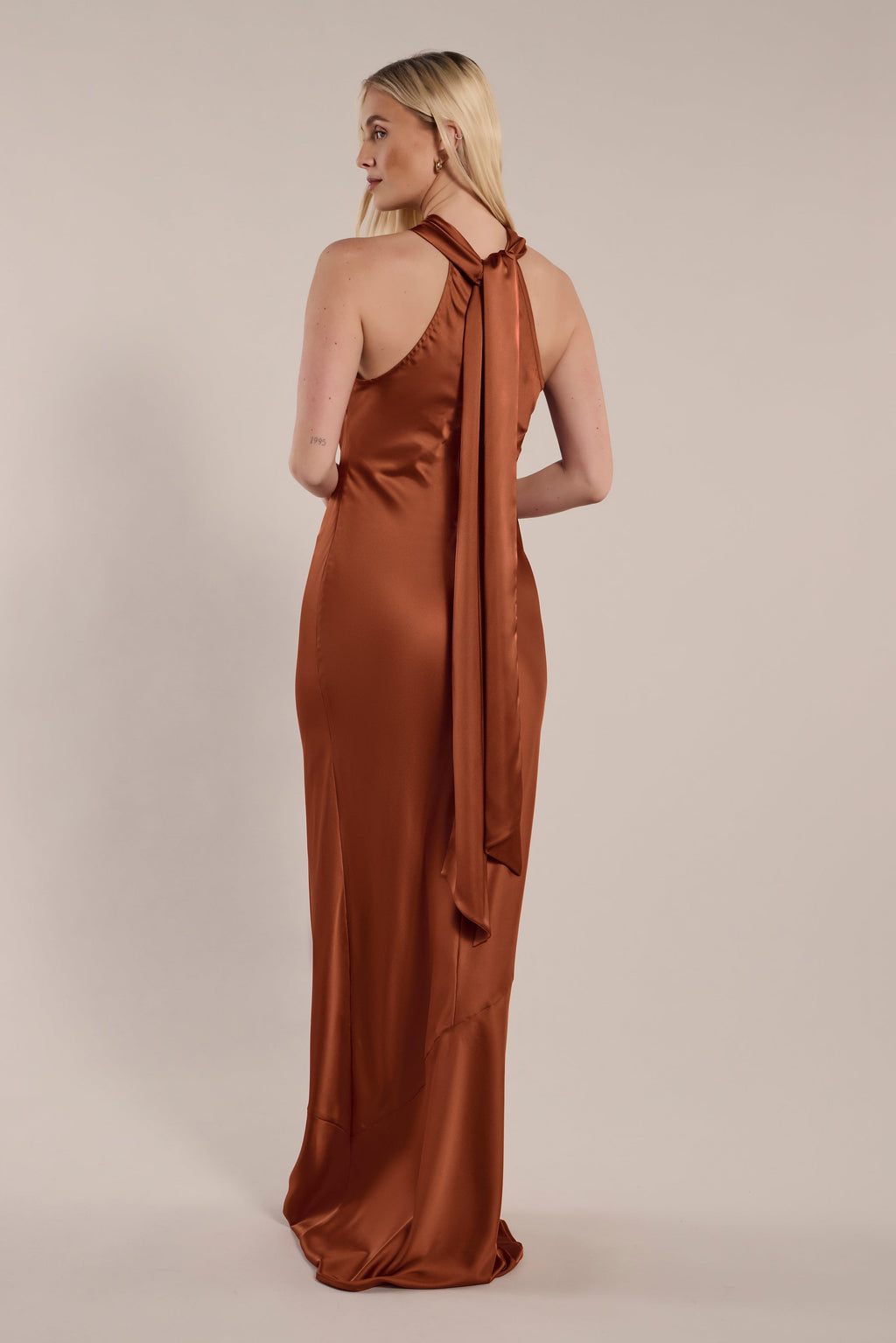 Roma Dress in Cinnamon Satin — Halterneck Maxi Bridesmaid Dress
