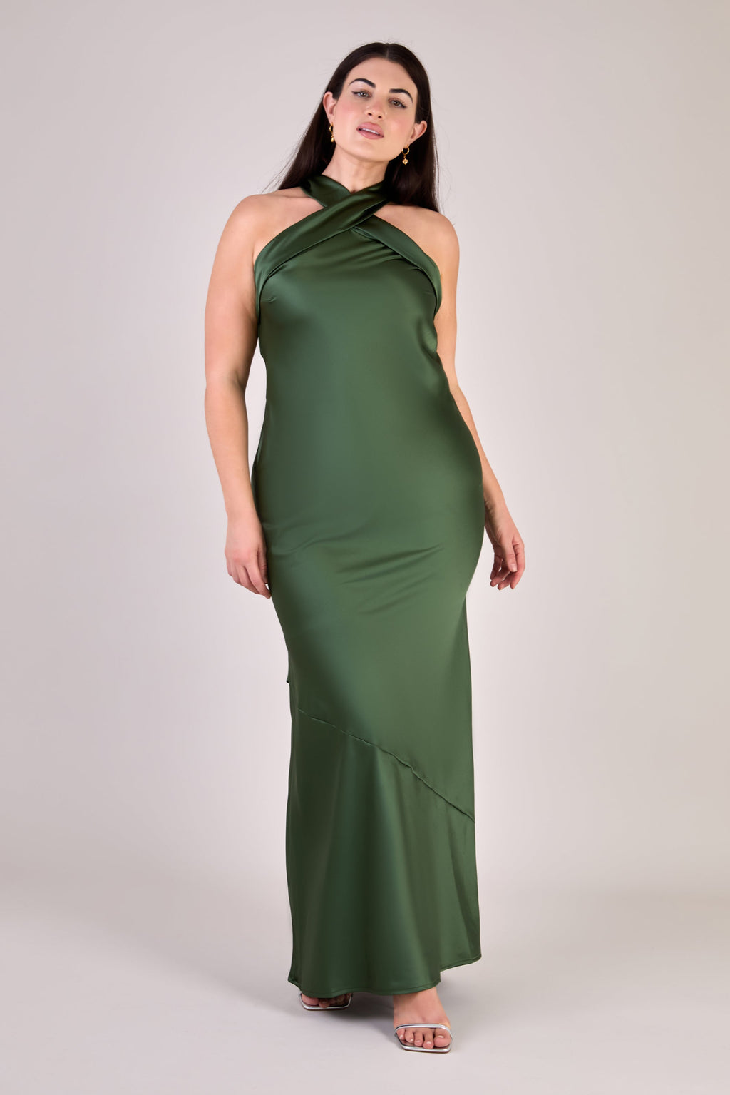 Roma Dress in Olive Green Satin - Halterneck Maxi Bridesmaid Dress