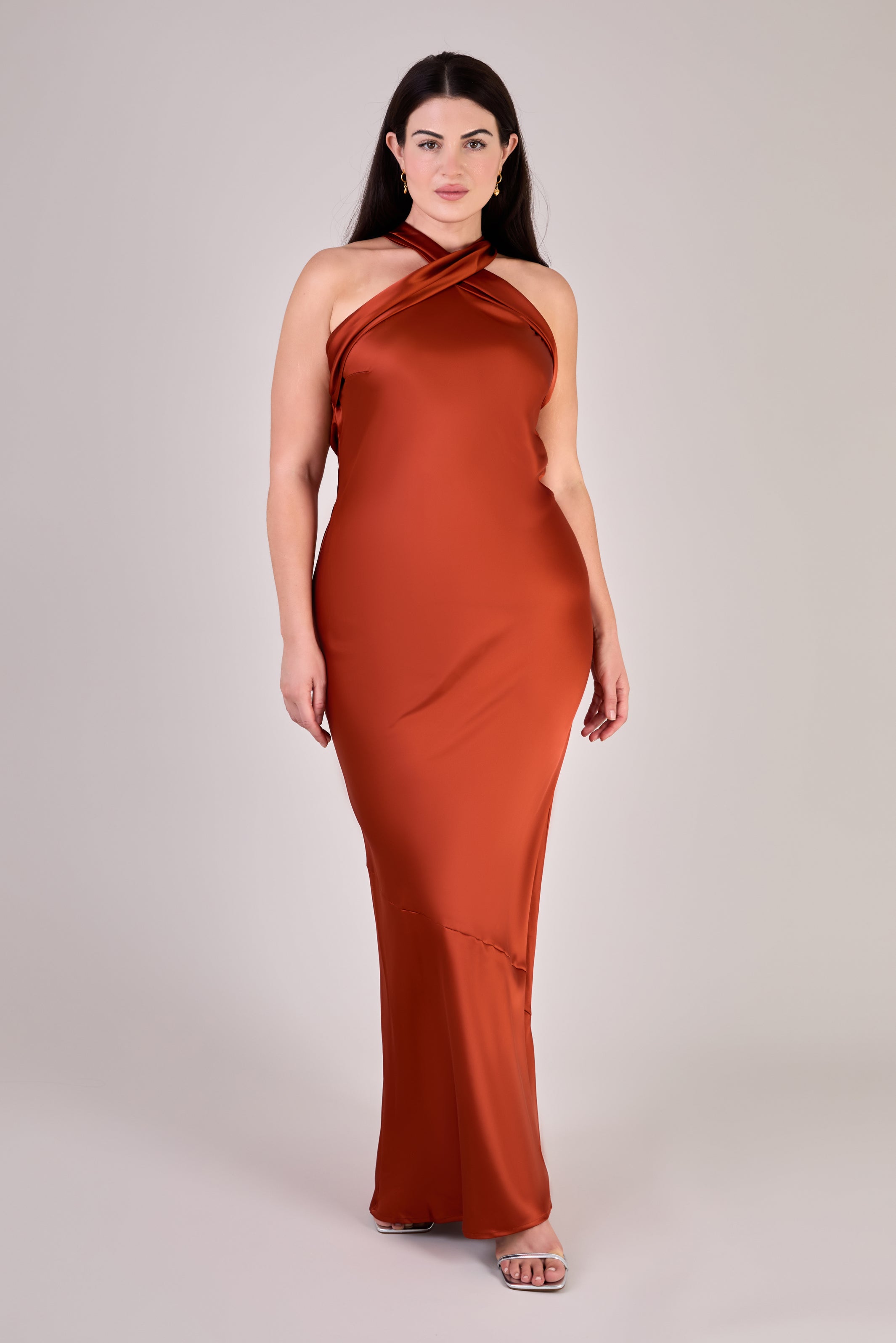 Roma Dress in Burnt Orange Satin — Halterneck Maxi Bridesmaid Dress