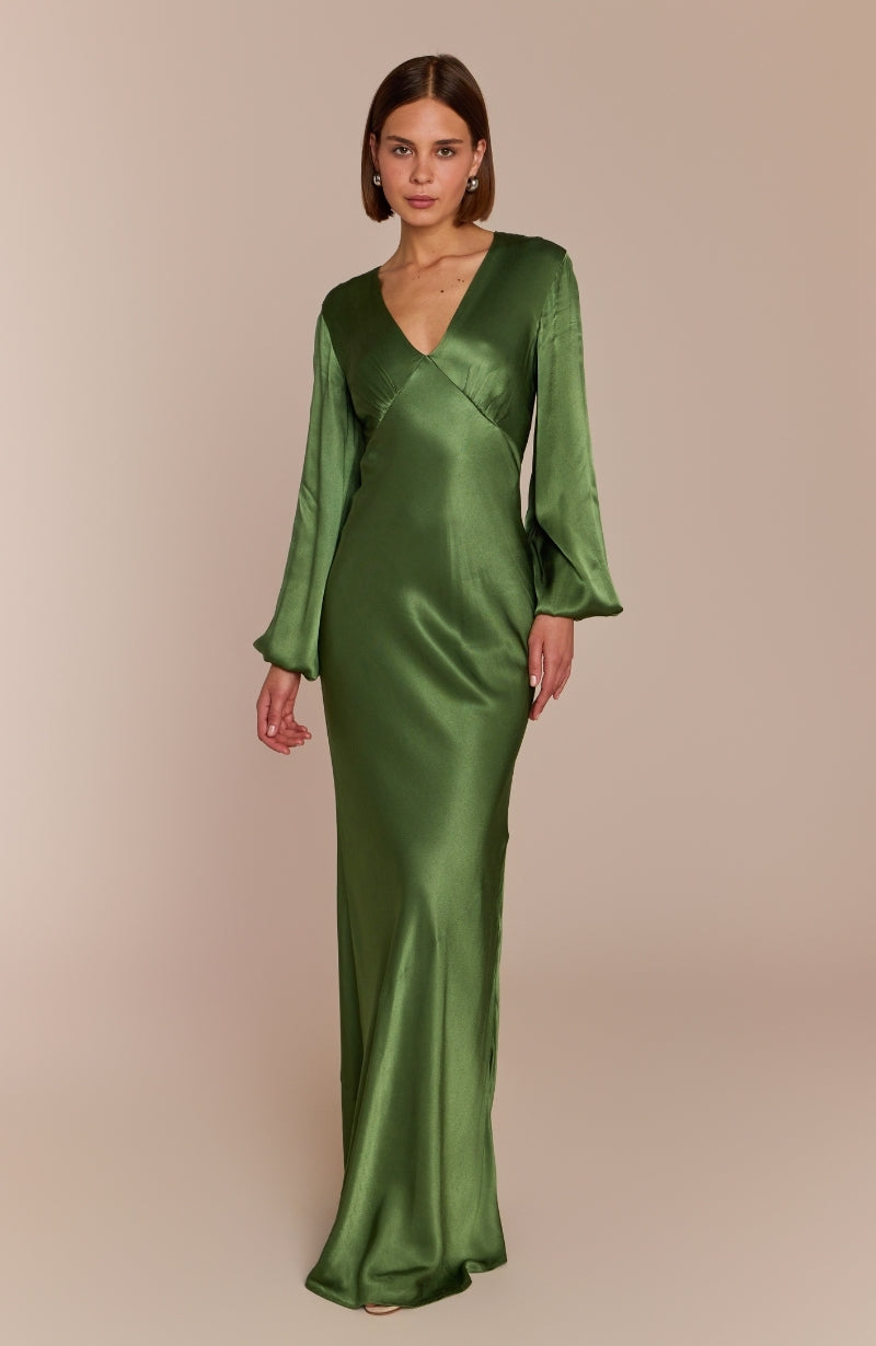 Valencia Dress in Olive Viscose Satin