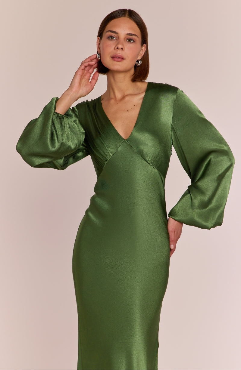 Valencia Dress in Olive Viscose Satin