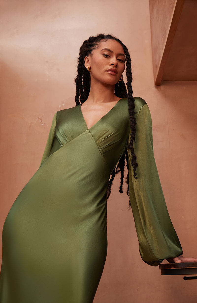 Valencia Dress in Olive Viscose Satin