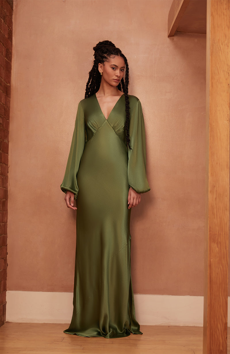 Valencia Dress in Olive Viscose Satin