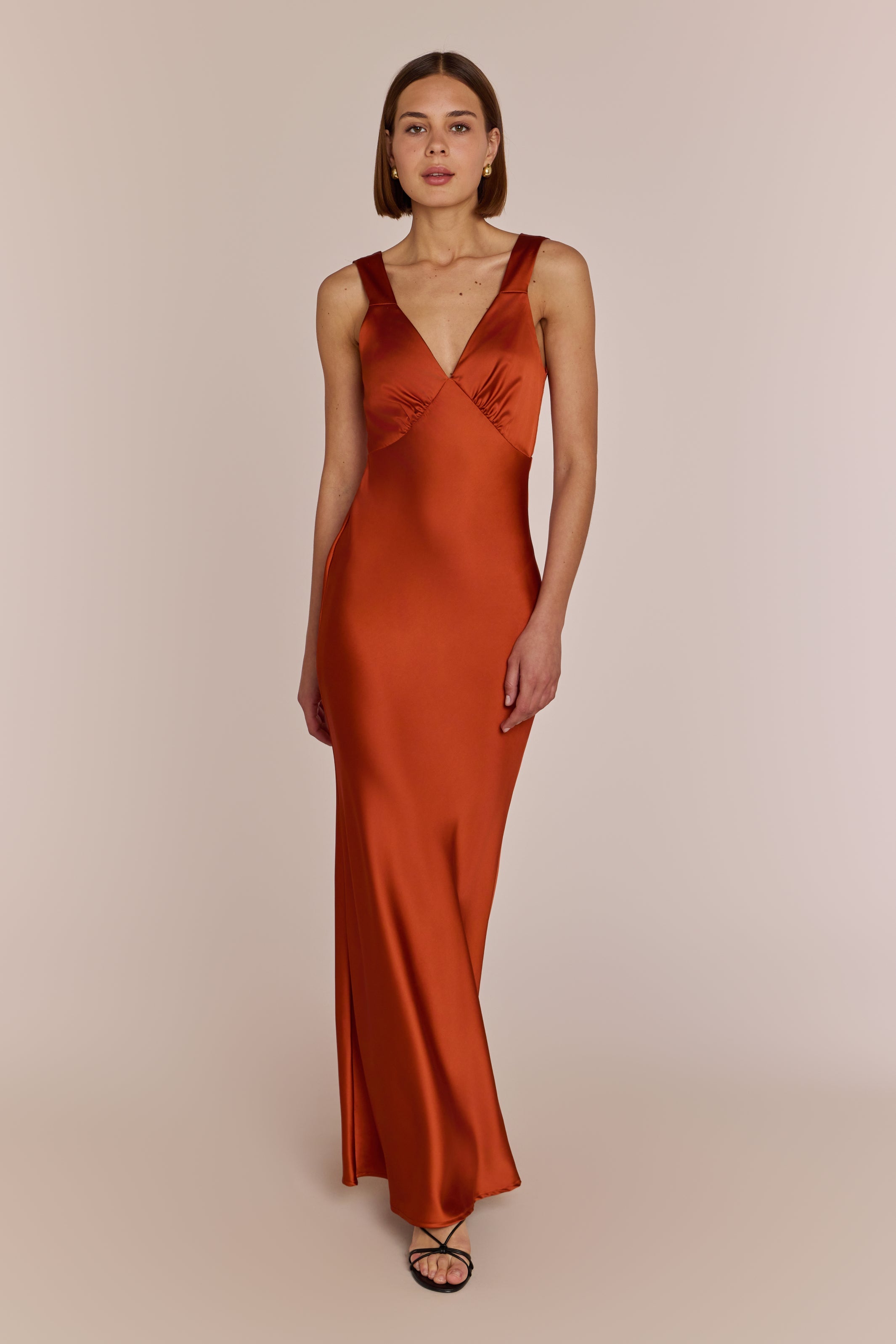 Amelia Satin Bias-Cut Maxi Bridesmaid Dress – Burnt Orange