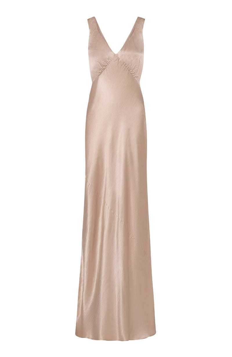 Amelia Dress in Champagne Satin — Bias-Cut Maxi Bridesmaid Dress