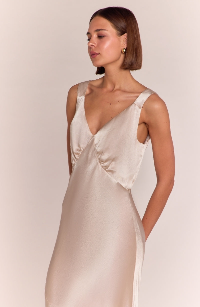 Amelia Dress in Champagne Satin — Bias-Cut Maxi Bridesmaid Dress