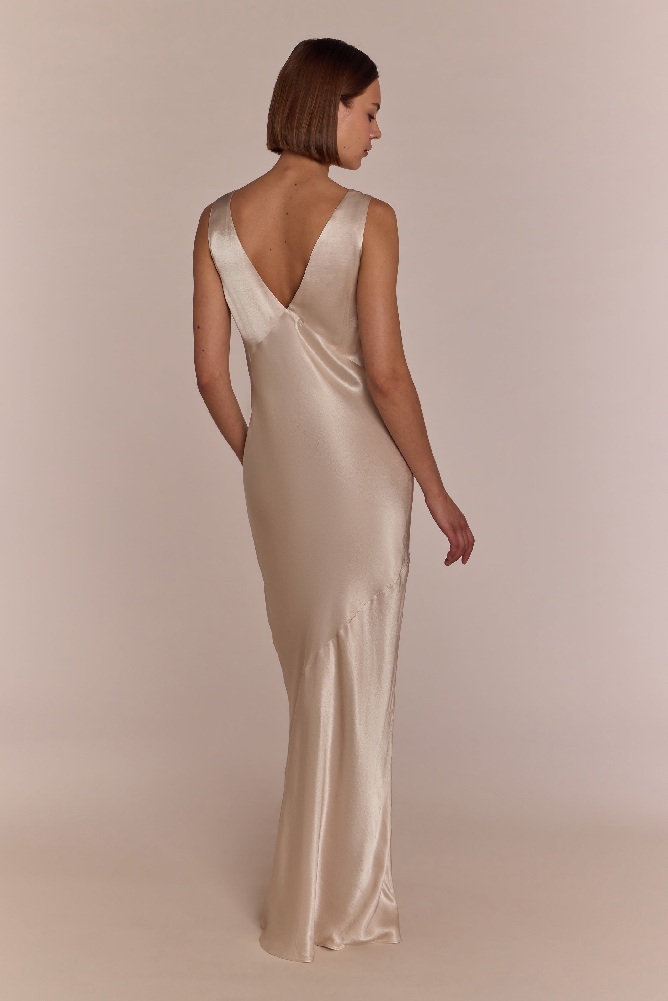 Amelia Dress in Champagne Satin — Bias-Cut Maxi Bridesmaid Dress