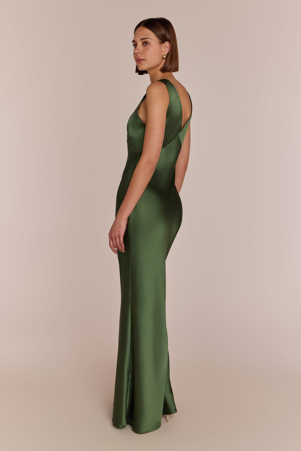Amelia Dress in Olive Green Satin — Bias-Cut Maxi Bridesmaid Dress
