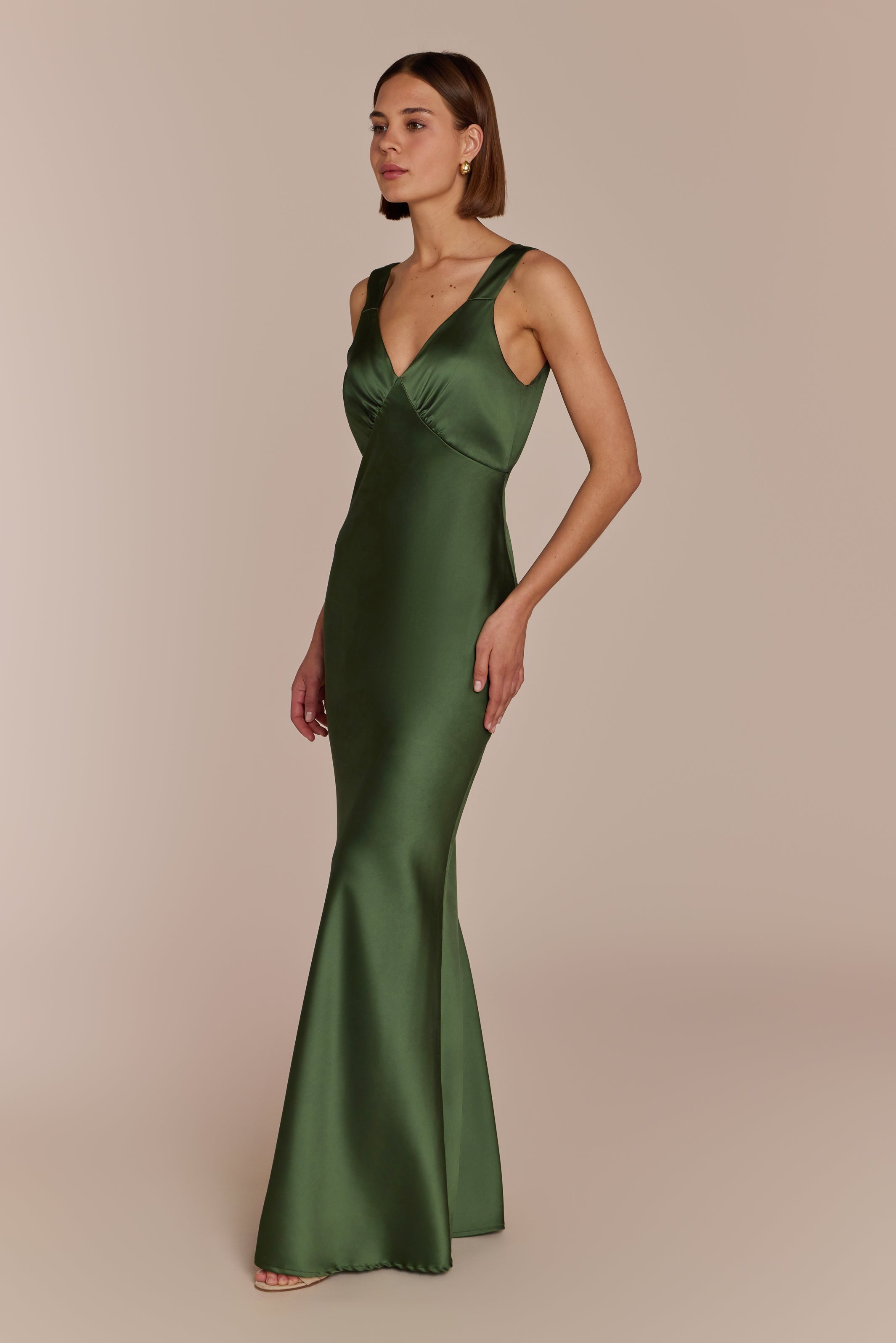 Amelia Dress in Olive Green Satin — Bias-Cut Maxi Bridesmaid Dress