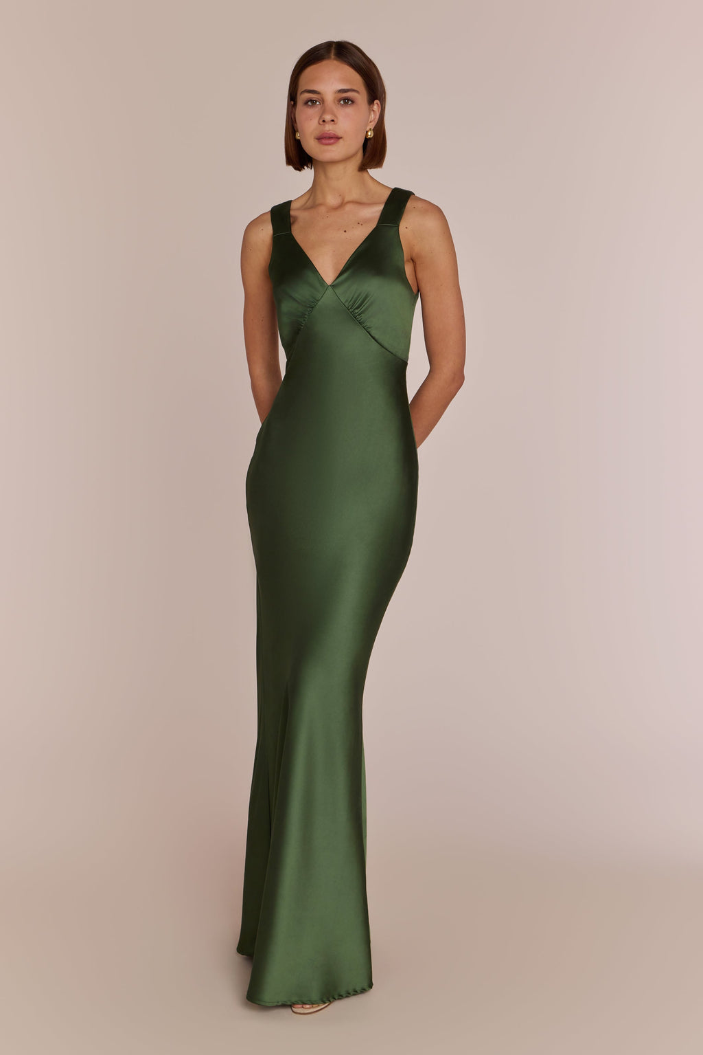 Amelia Dress in Olive Green Satin — Bias-Cut Maxi Bridesmaid Dress