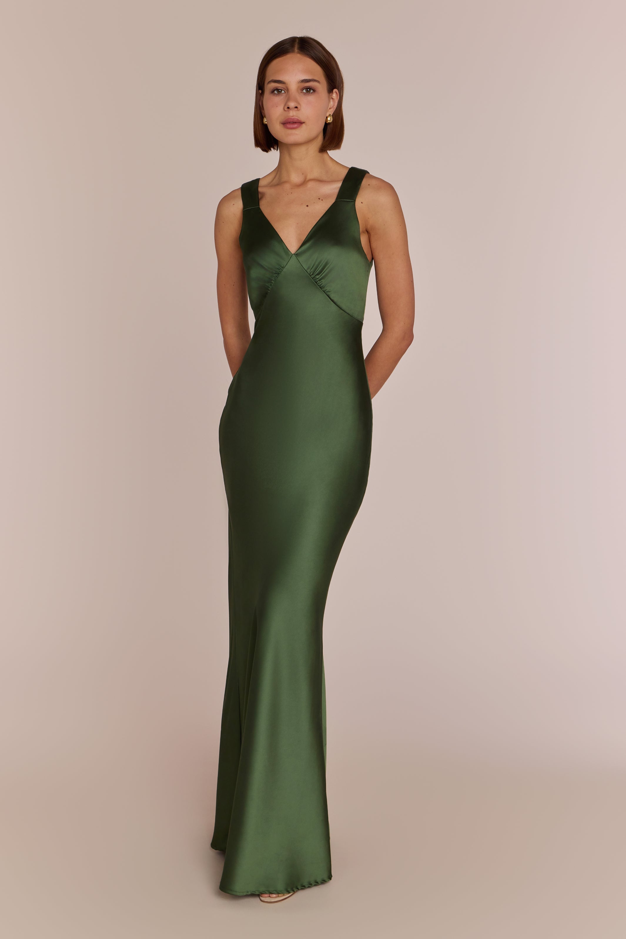 Amelia Dress in Olive Green Satin — Bias-Cut Maxi Bridesmaid Dress