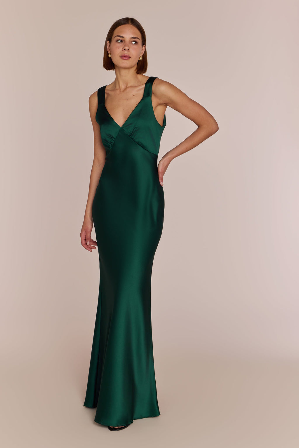 Amelia Dress in Forest Green Satin — Bias-Cut Maxi Bridesmaid Dress