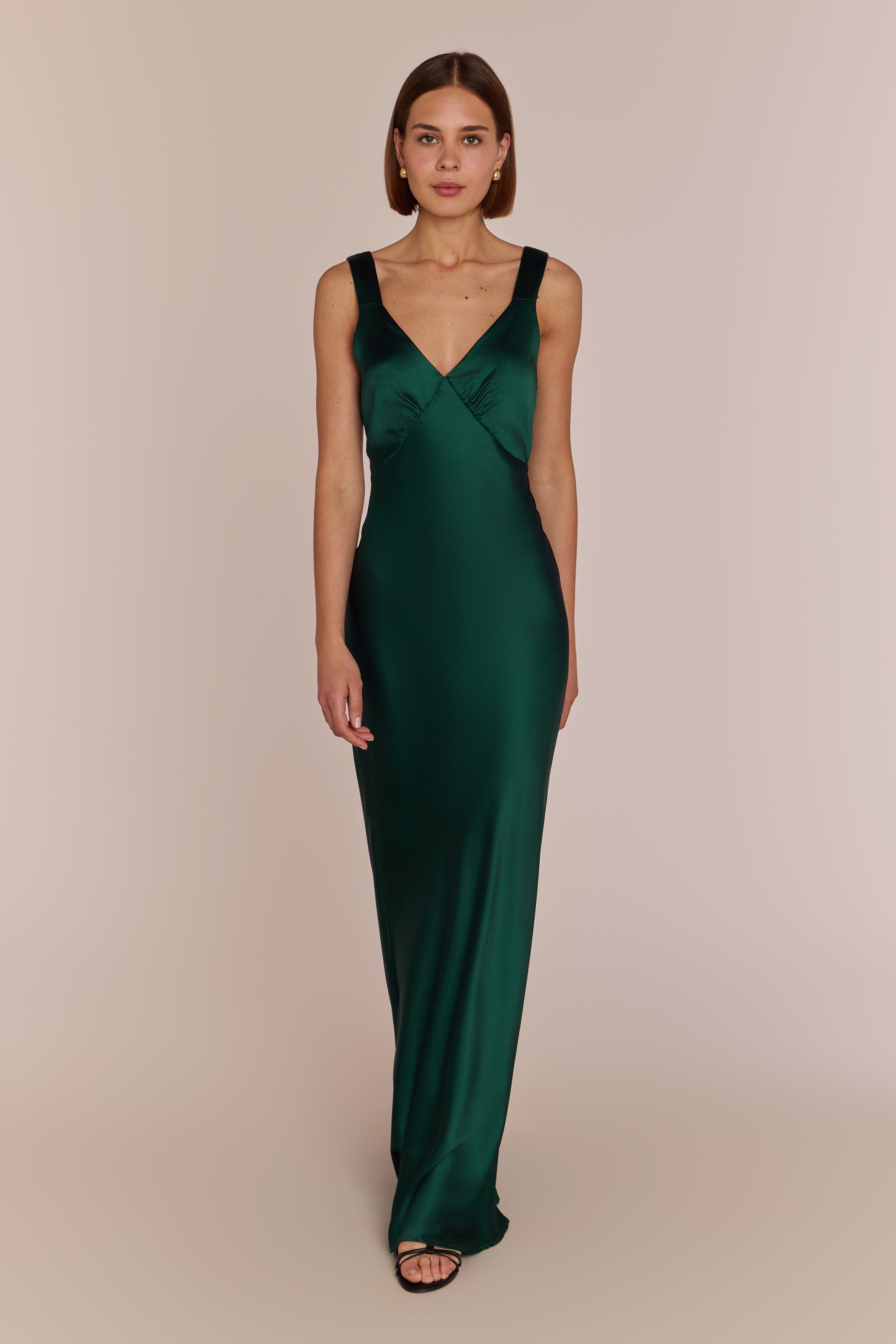 Amelia Dress in Forest Green Satin — Bias-Cut Maxi Bridesmaid Dress